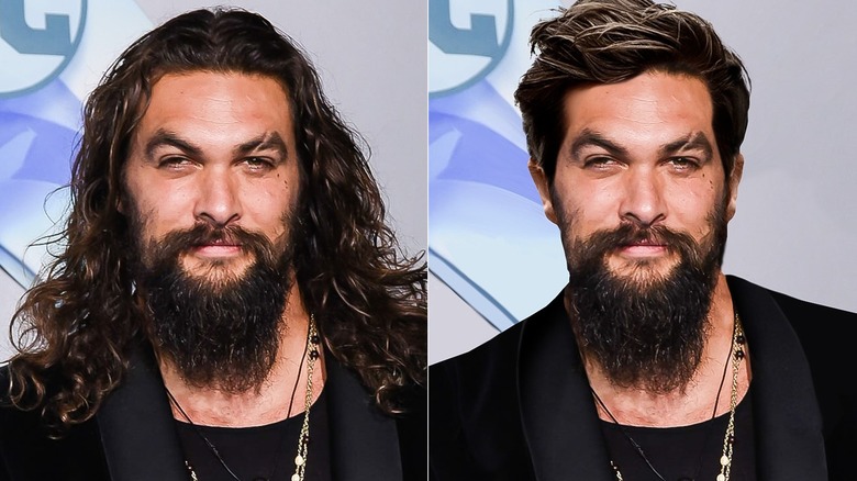 Side-by-side of Jason Momoa with long hair and short hair