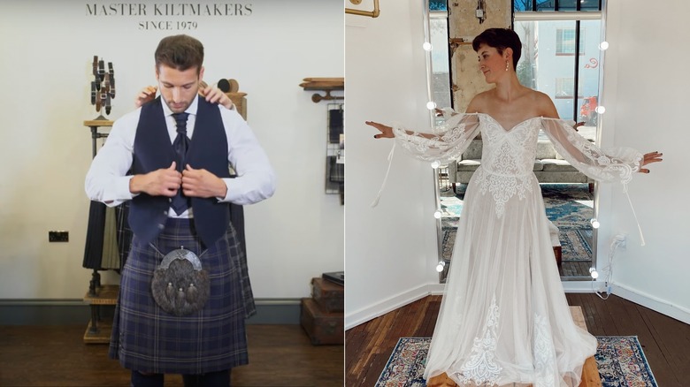 Split image of man in kilt and woman in wedding dress