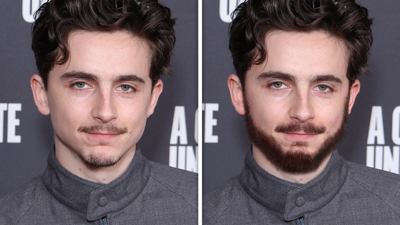 Side-by-side comparison of Timothee Chalamet with and without a beard