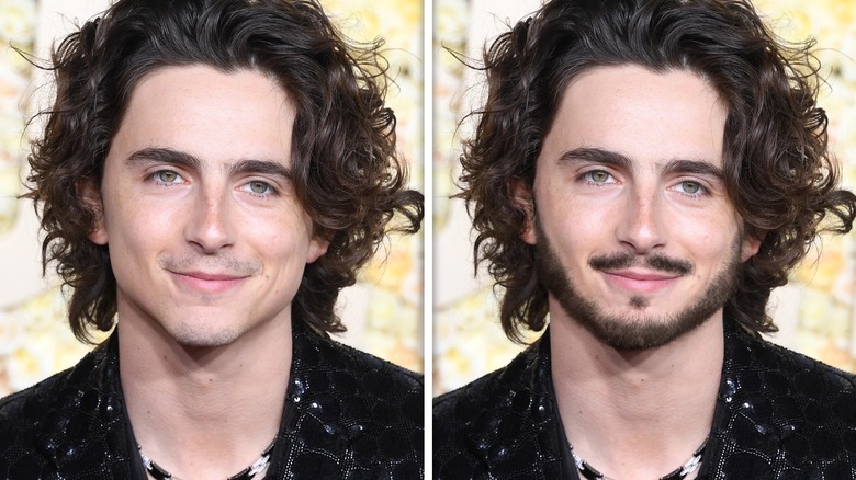 Side-by-side comparison of Timothee Chalamet with and without a beard