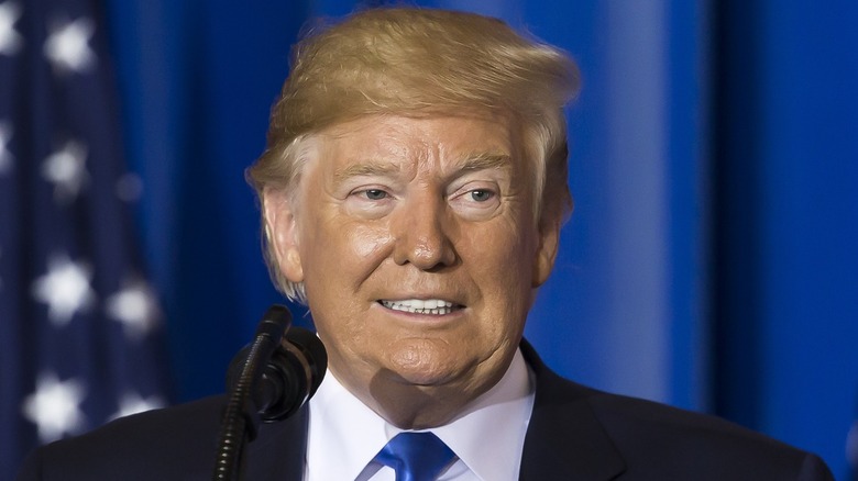 Donald Trump on stage smiling poufy hair