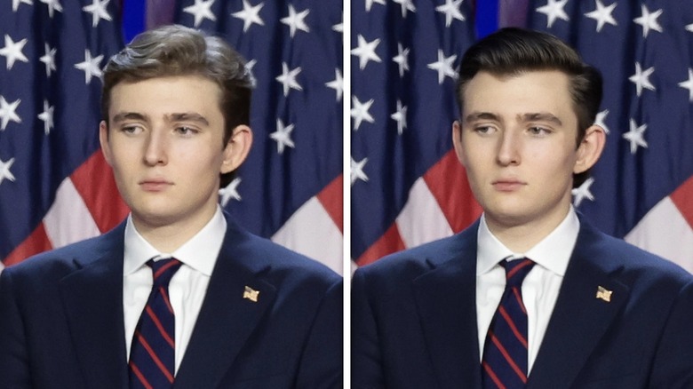 Barron Trump with his normal hair (L) vs. Barron Trump with darker and neater hair (R)