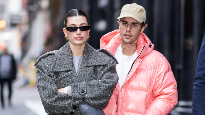 Hailey Bieber and Justin Bieber walking together in SoHo