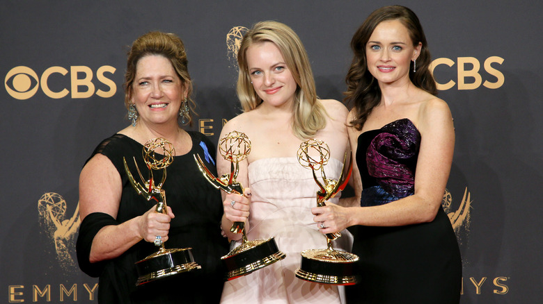 Alexis Bledel, Elisabeth Moss, Ann Dowd pose with their Emmys