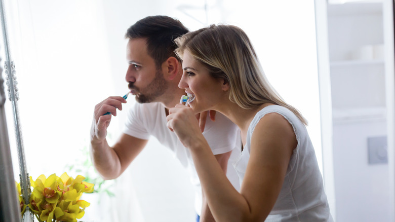 happy couple brushing teeth before going to bed