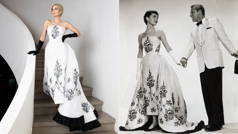 Split image of Ivanka Trump posing in her Liberty Inaugural Ball dress next to an image of Audrey Hepburn wearing the dress it was inspired by in a promo photo with William Holden for the film "Sabrina"