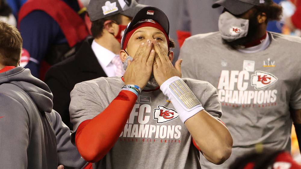 Patrick Mahomes blowing kisses to fans after winning the AFC Championship