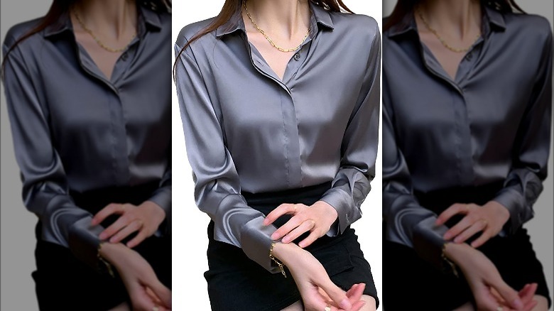 amazon model wears satin blouse