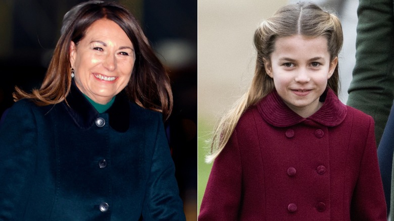 Split image of Carole Middleton and Princess Charlotte smiling