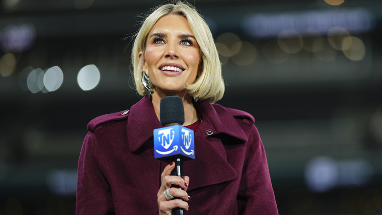 Charissa Thompson looks on from the set of the TNF on Prime pregame show