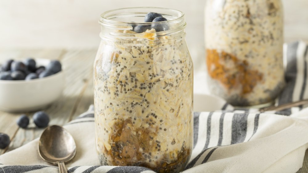 Overnight oats with fruit, chia seeds, and peanut butter, a favorite breakfast of Christina Anstead's