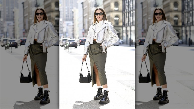 Woman wearing olive green skirt