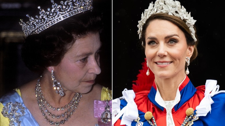 Queen Elizabeth II in Festoon Necklace; Kate smiling at coronation