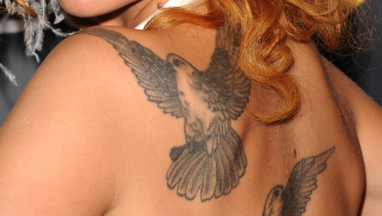 Grey Ink Flying Dove Tattoo On Shoulder