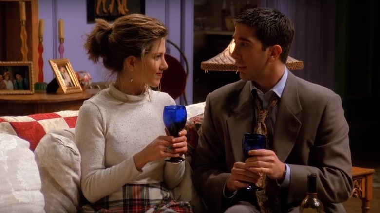 Rachel and Ross on a sofa in "Friends"