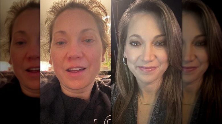 Side by side images of Ginger Zee, a makeup free selfie on the left and a made-up selfie on the right