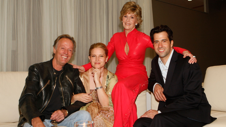 Peter Fonda, Bridget Fonda, Jane Fonda, and Troy Garrity smiling together