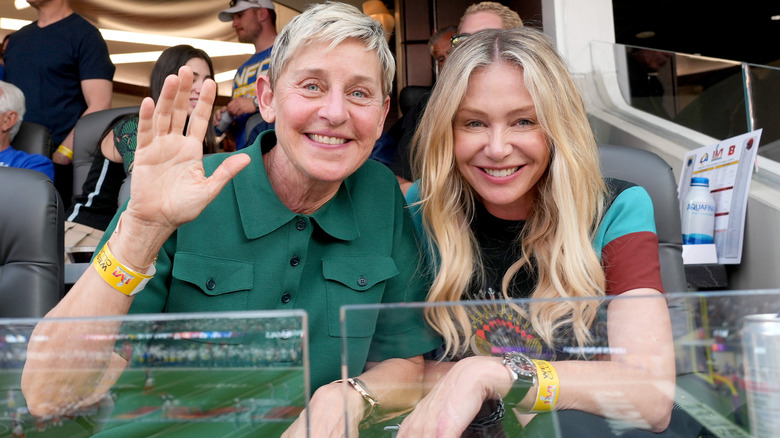 Ellen DeGeneres and Portia de Rossi at Super Bowl