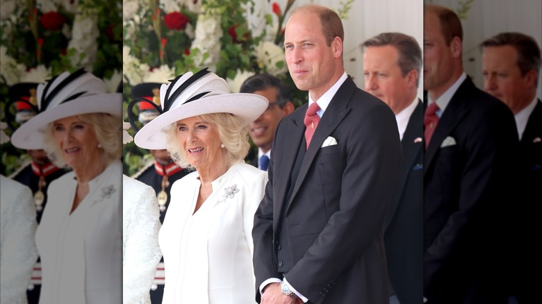 Queen Camilla smiling and rpince William looking introspective