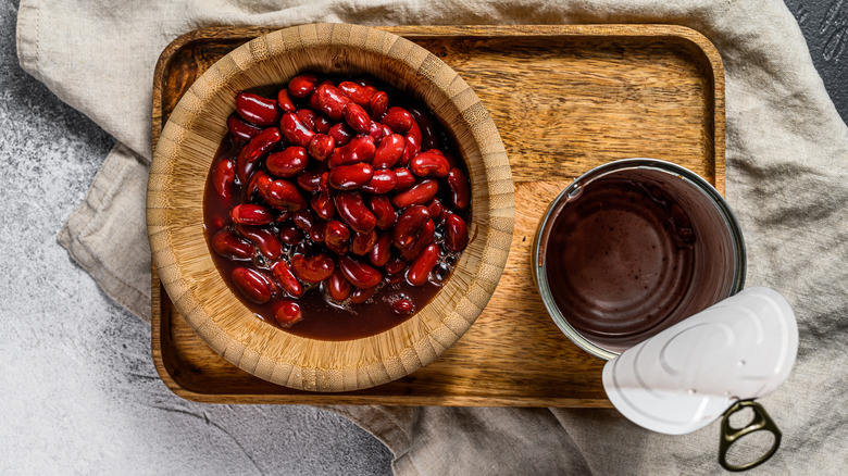 Canned red beans in a bowl on a tray