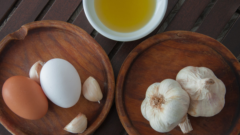 Olive oil, eggs, garlic
