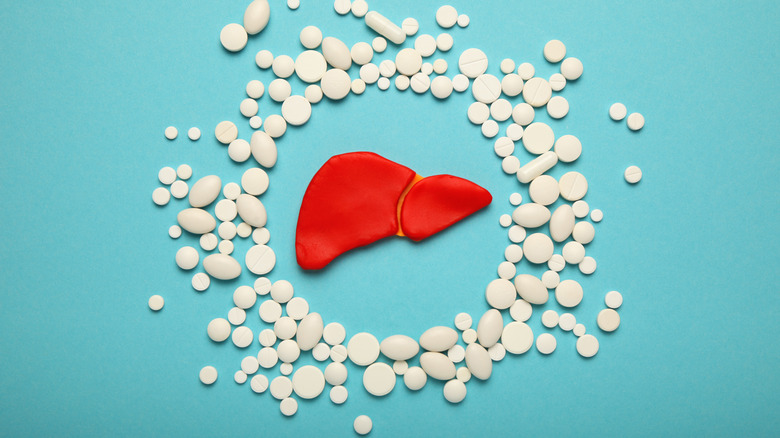 A model of a liver surrounded by pills