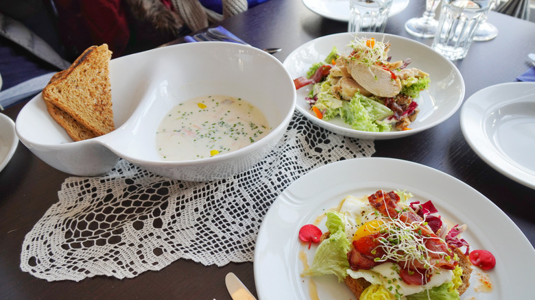 Soup, salad, and a breakfast dish