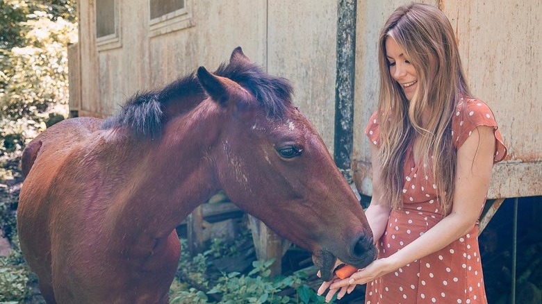 Crystal Harris feeding a horse