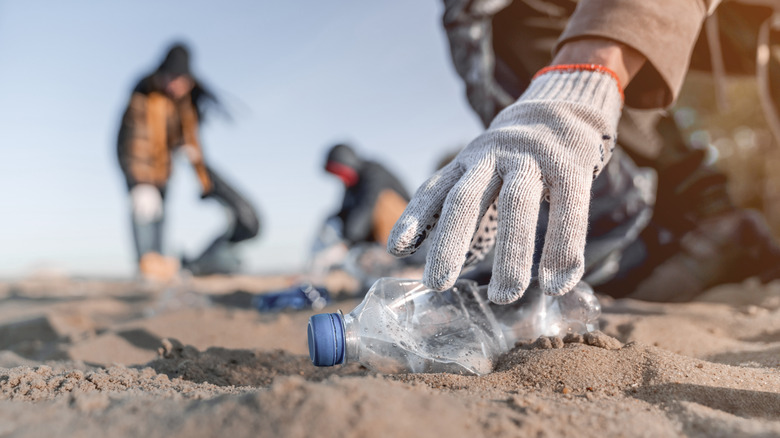 person collecting ocean plastic