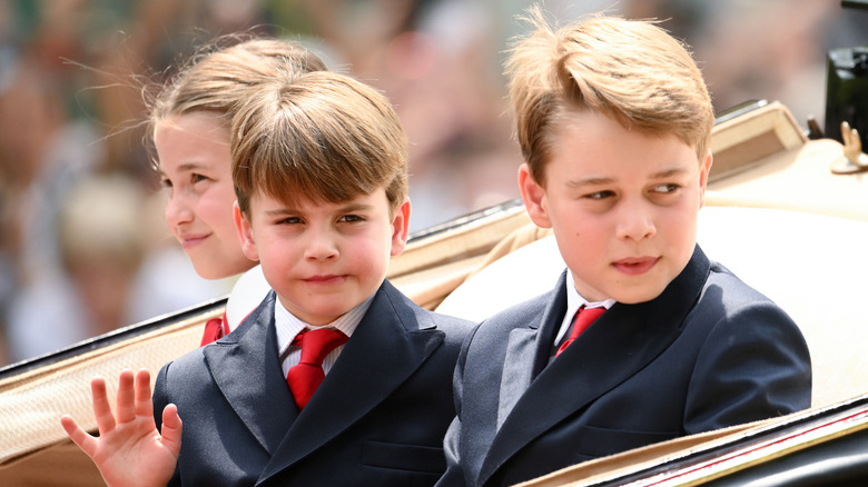 Prince George, Princess Charlotte, and Prince Louis in carriage