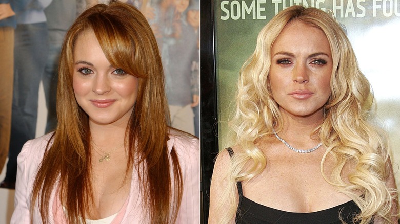 lindsay lohan smiling with red hair and blonde hair