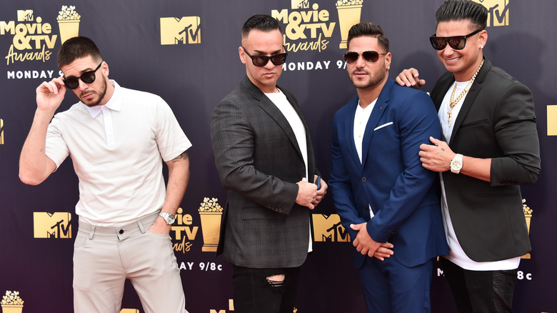 Vinny Guadagnino, Mike 'The Situation' Sorrentino, Ronnie Ortiz-Magro, Pauly D posing in sunglasses