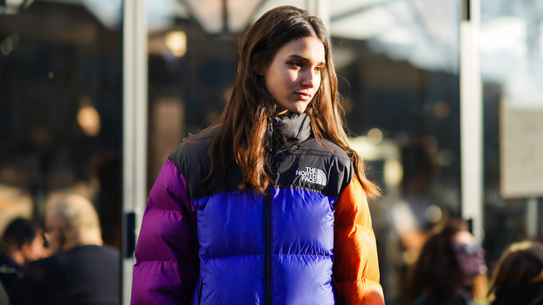 Model wearing colorful puffer