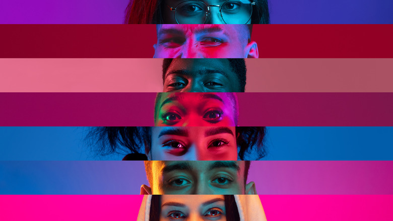 7 people's eyes in different color stripes