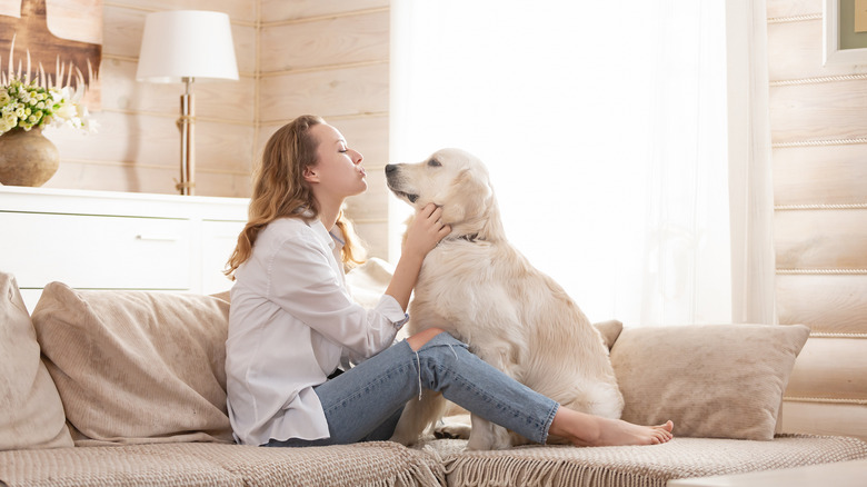 Dog with woman on the couch