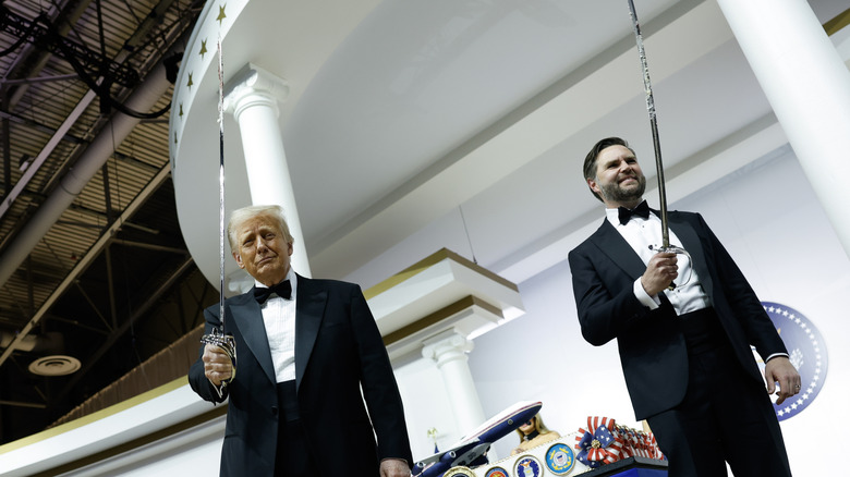 JD Vance and Donald Trump holding swords