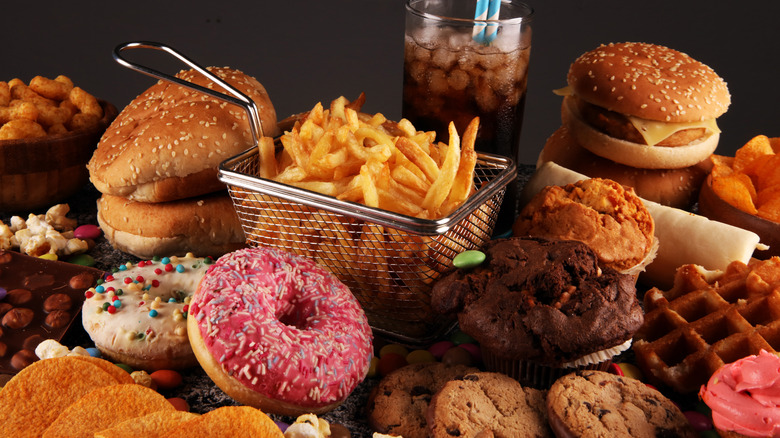 Donuts, cookies, French fries, burgers
