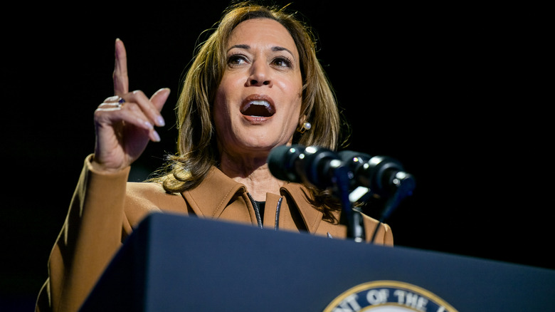 Kamala Harris speaking to a crowd