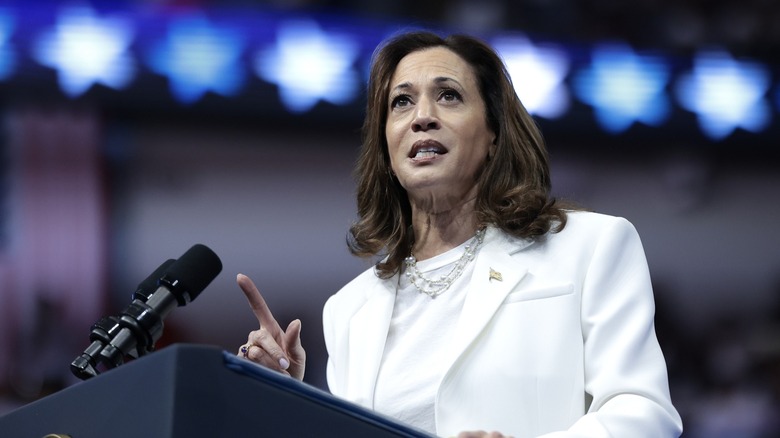 Kamala Harris speaking at podium