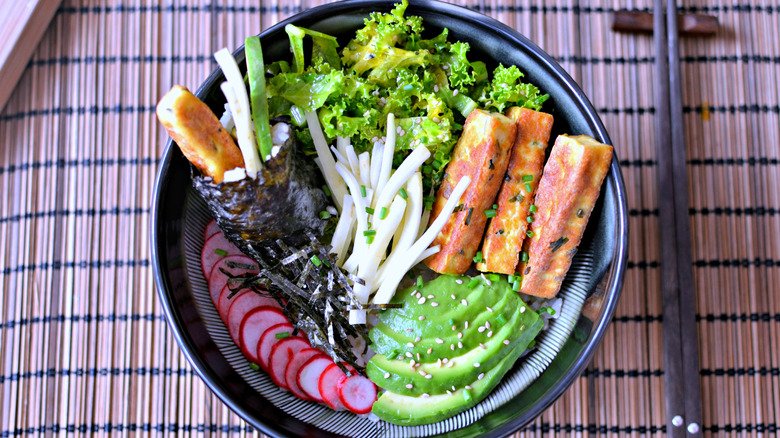 A rice bowl with toppings