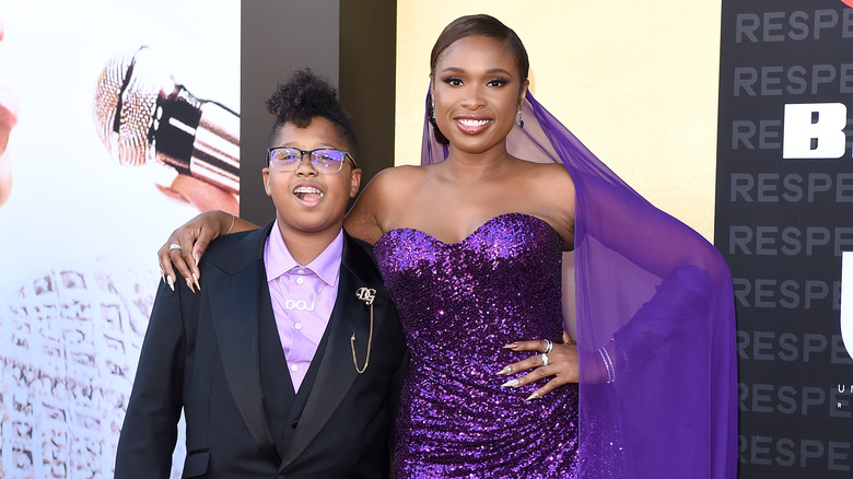 Jennifer Hudson in purple with son David Otunga Jr.
