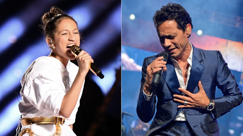 A split image of Marc Anthony and Emme Muniz singing