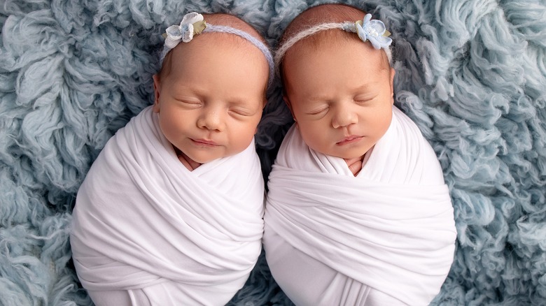 twin girls in swaddles