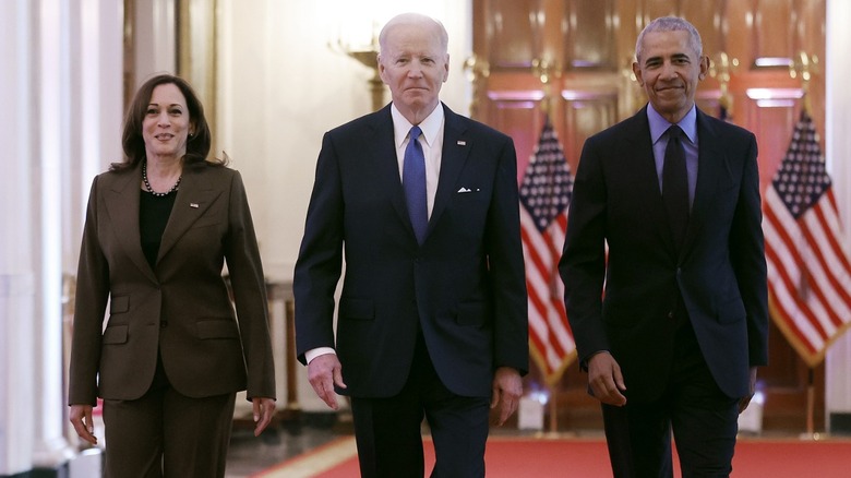 Kamala Harris, Joe Biden, Barack Obama walking White House