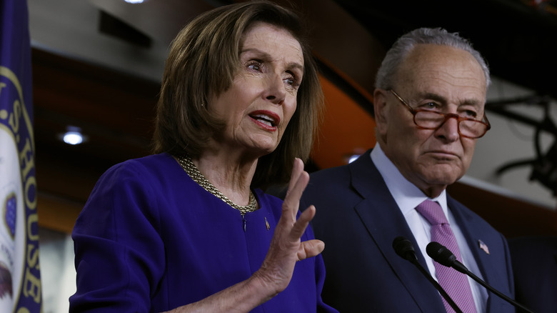 Chuck Schumer and House Speaker Nancy Pelosi talking