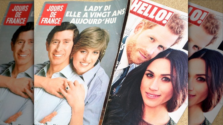 Magazine covers with Charles and Diana and Harry and Meghan side by side