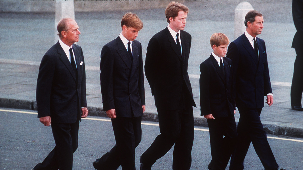 Philip, Charles, William, and Harry at Diana funeral