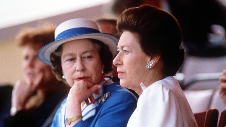 Queen Elizabeth and Princess Margaret speaking