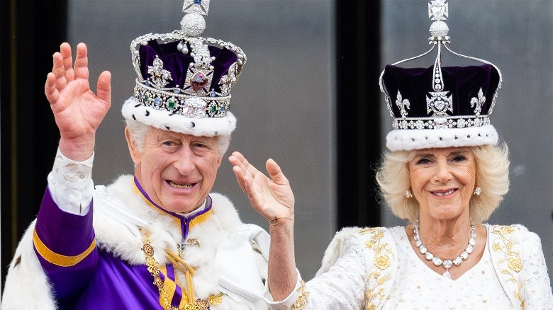 Charles and Camilla smiling at coronation