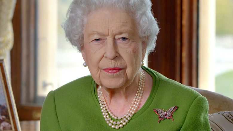 queen elizabeth wearing a butterfly pin and pearls